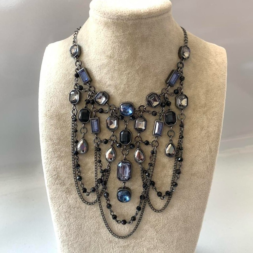 White House Black Market Blue and Silver Multi Strand Crystal Bib Necklace - Picture 3 of 8